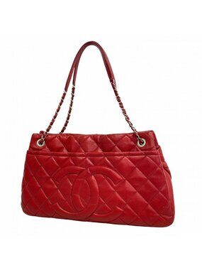 Chanel Chain Tote Quilted Caviar Leather Red Silver